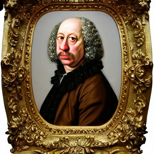 Image similar to A 17th century Baroque Painting of Gene Ween, grainy, realistic, hyperrealistic, very realistic, very very realistic, highly detailed, very detailed, extremely detailed, detailed, digital art, trending on artstation, detailed face, very detailed face, very detailed face, realism, HD Quality, 8k resolution, intricate details, body and head in frame, painting, oil painting, trending on deviantart, Baroque Painting