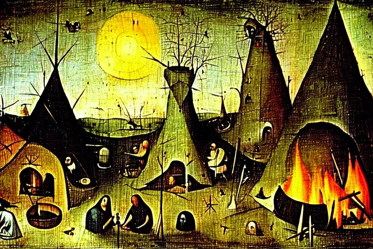 Prompt: hieronymus bosch painting of a campsite with bonfire