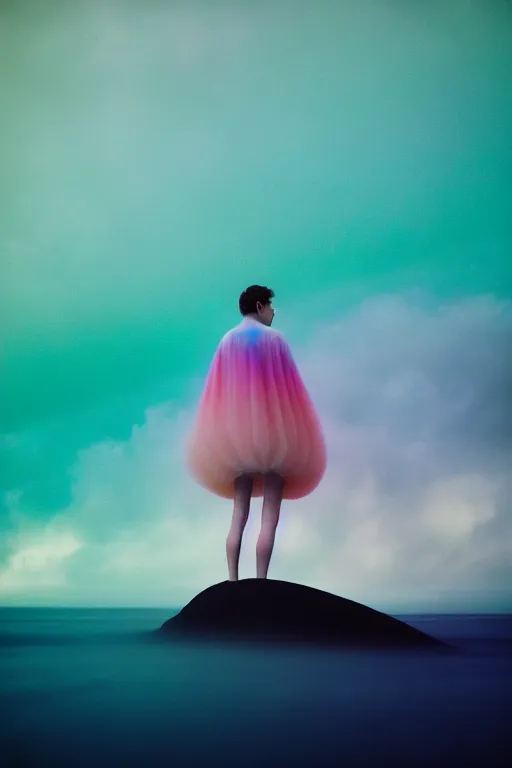 Image similar to high quality pastel coloured film close up wide angle photograph of a model wearing clothing swimming on cloud furniture in a icelandic black rock!! environment in a partially haze filled dreamstate world. three point light, rainbow. photographic production. art directed. pastel colours. volumetric clouds. pastel gradient overlay. waves glitch artefacts. extreme facial clarity. 8 k. filmic.