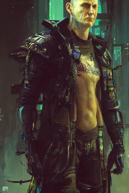 Image similar to a priest as a cyberpunk 2077 character, upper body, highly detailed, intricate, sharp details, dystopian mood, sci-fi character portrait by gaston bussiere, craig mullins, inspired by graphic novel cover art