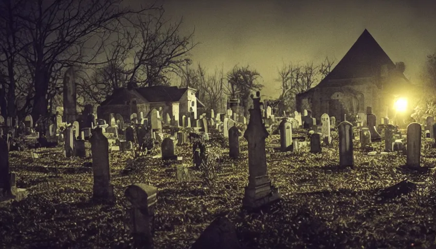 Image similar to Big budget horror movie set in a graveyard at night, where a satanic cult summons a demonic octopus