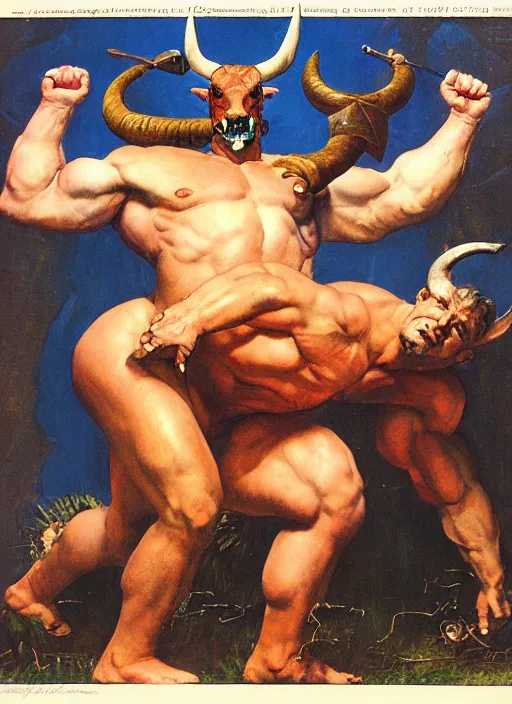 Image similar to full body portrait of dorian yates with the head of a bull as the greek minotaur, dynamic action, by norman rockwell and jesper ejsing and tom lovell and frank schoonover