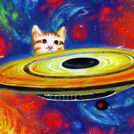 Image similar to a cat flying a space ship, impressionism