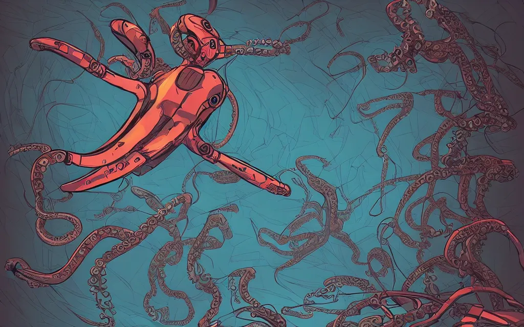 Image similar to robotic flying octopus, in the style of ilya kuvshinov and laurie greasley, dynamic composition, dramatic lighting, ultra detailed, nitro colors