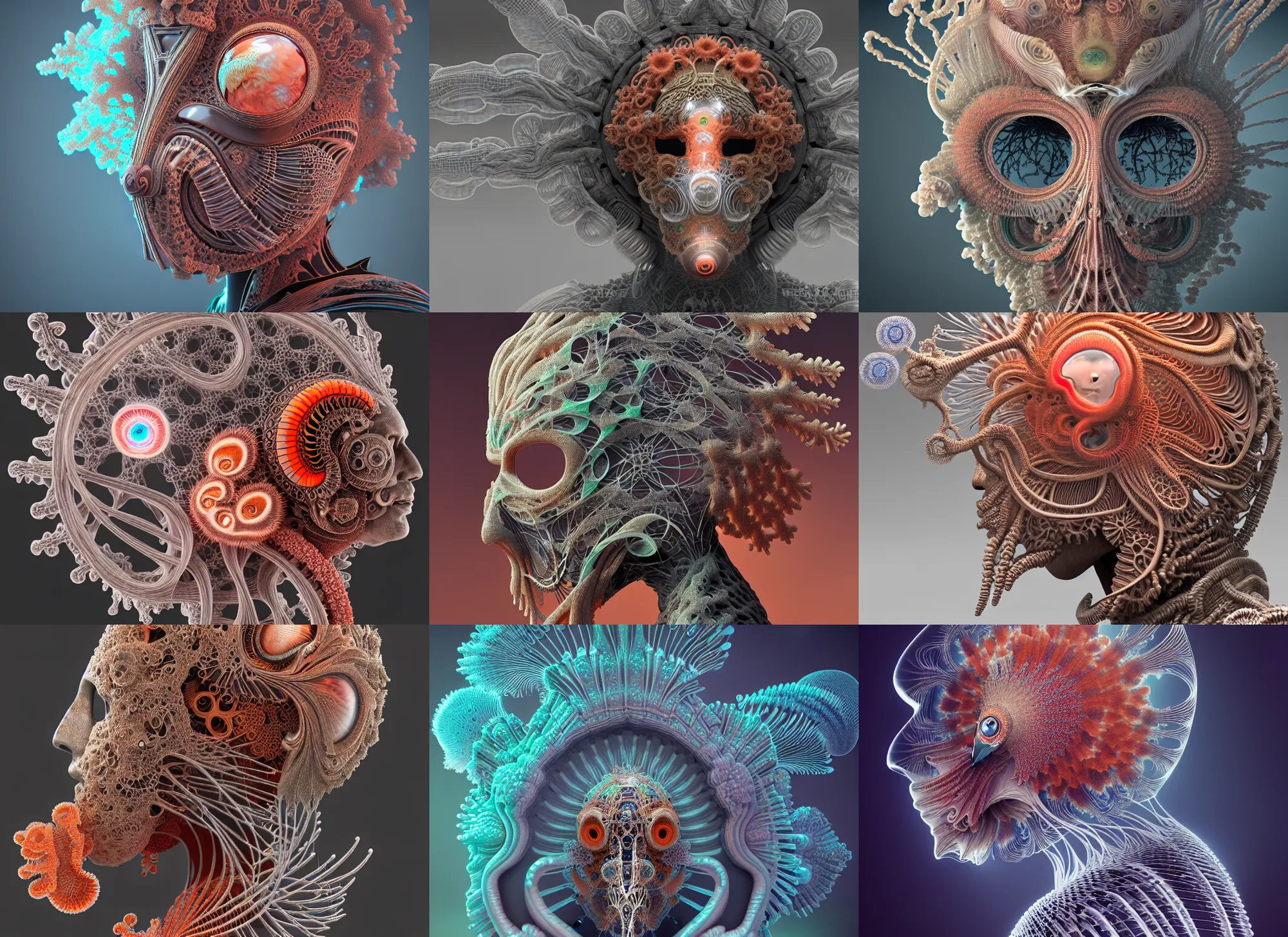 Prompt: portrait intricate mask, eagle, coral, jelly fish, mandelbulb 3 d, fractal flame, octane render, cyborg, biomechanical, futuristic, by ernst haeckel