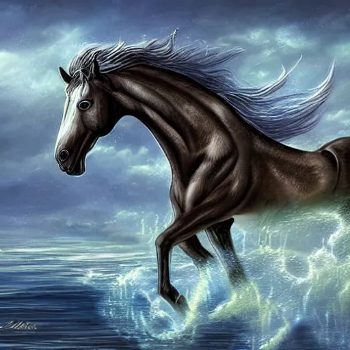 Image similar to a mer horse, fantasy art,