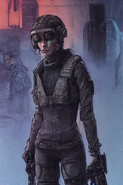 Image similar to Sara the ghost. blackops mercenary in near future tactical gear and cyberpunk headset. Blade Runner 2049. concept art by James Gurney and Mœbius.