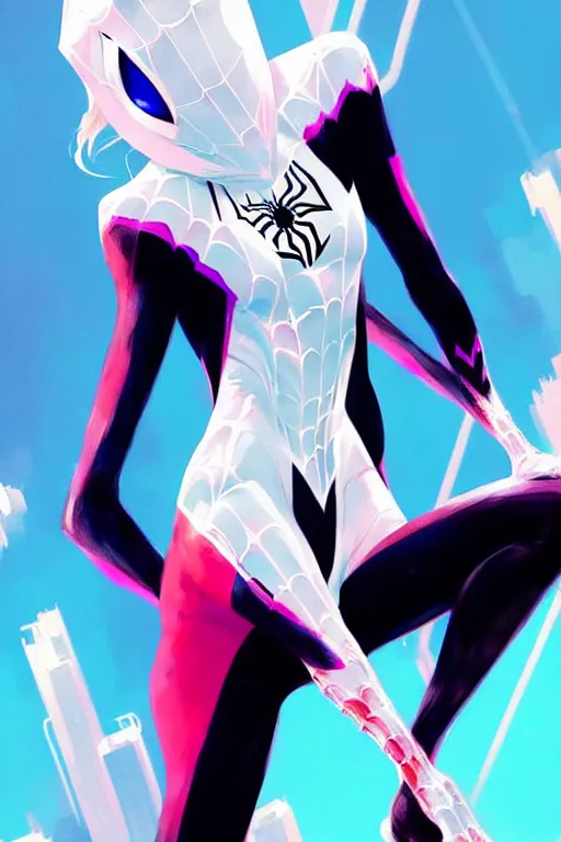 Image similar to a ultradetailed painting of spider gwen by conrad roset, greg rutkowski and makoto shinkai trending on artstation