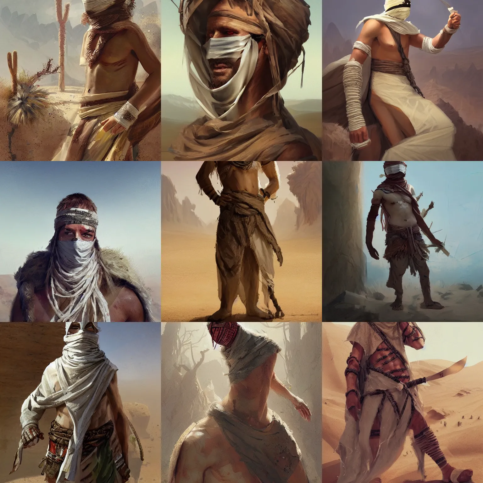 Prompt: a desert druid wearing bandages all over his body, full body, covered in bandages, masked, greg rutkowski
