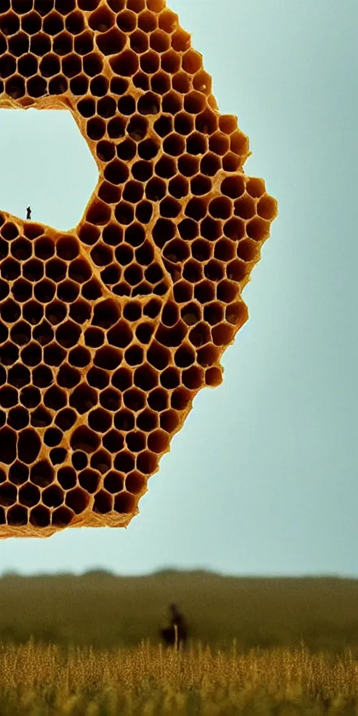 Image similar to real honeycomb organic building with dripping honey by tomas gabzdil libertiny sitting on the field, film still from the movie directed by denis villeneuve arrival movie aesthetic with art direction by zdzisław beksinski, telephoto lens, shallow depth of field