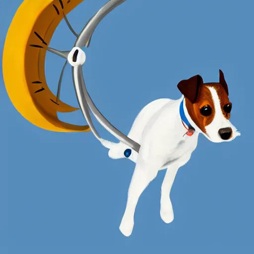 Prompt: flying jack russell terrier with propeller on it's back flying, digital art