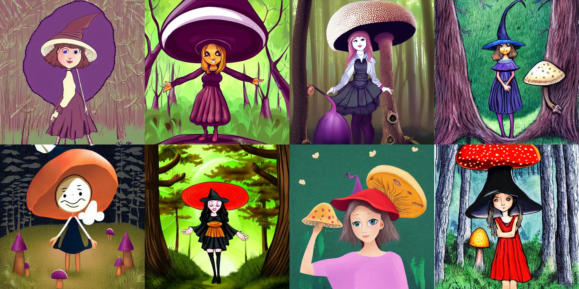 Prompt: cute witch wearing a large mushroom hat in a forest, in the style of Keith Parkinson