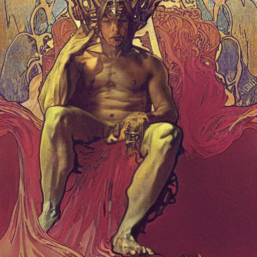 Prompt: greg davis sits on his throne as ruler of hell, oil on canvas, by alphonse mucha, gustave dore, zdzislaw beksinski