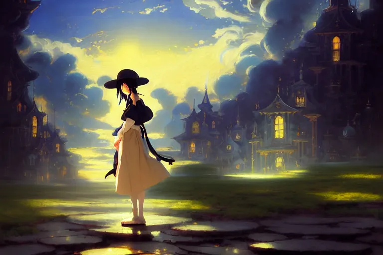 Image similar to baroque oil painting of anime key visual environment concept art of anime girl magician with big hat casting magic, brutalist, dark fantasy, rule of thirds, fake hidden detail, trending on pixiv fanbox, acrylic palette knife and brush, style of makoto shinkai studio ghibli genshin impact jamie wyeth james gilleard greg rutkowski