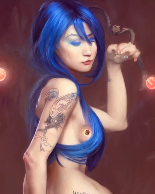 Image similar to stunningly beautiful female with a dragon back tattoo, blue hair, dj sura, laser lights, sharp focus, digital painting, 8 k, concept art, art by wlop, artgerm, greg rutkowski and alphonse mucha