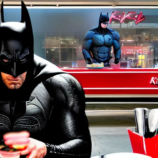 Prompt: A photo of Ben Affleck's Batman eating at KFC. Extremely detailed. Beautiful. 4K. Award-winning