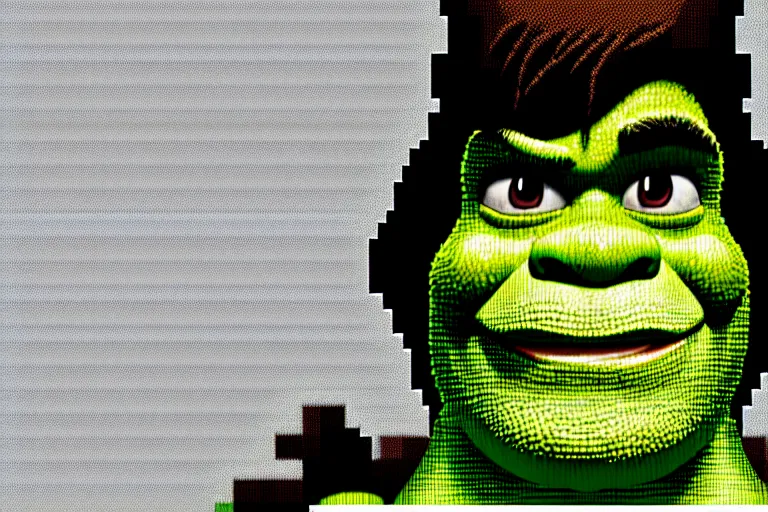 Prompt: ( ( dither ) ), editorial pixel art portrait of an angled 2 d shrek,'he knows what you did ', confident smirk, 😏, ( ( mads berg ) ), rich detailed pixels, detailed, dynamic composition, detailed pixel artwork, full og shrek, wide angle, matte print, art nouveau, unreal engine