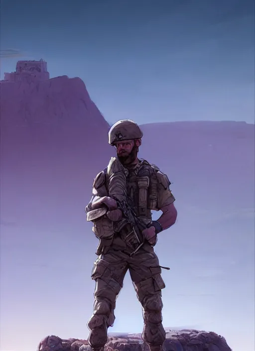 Prompt: purple lighting, detailed character concept illustration, white male strong muscular mature soldier with beard and short hair in a soldier uniform, desert with city in the background, sharp focus, illustration, highly detailed, digital painting, concept art, matte, art by wlop and artgerm and greg rutkowski, masterpiece