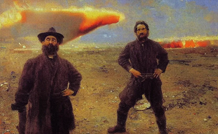 Image similar to high quality high detail painting by ilya repin man standing in front of huge explosion hd