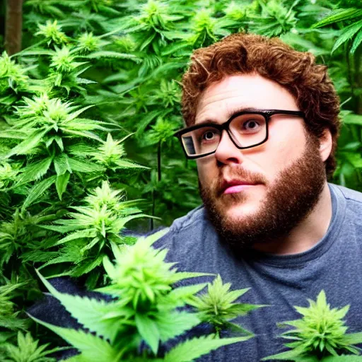 Prompt: a Very high Seth Rogan in his natural habitat of a marijuana forest, award winning nature photography