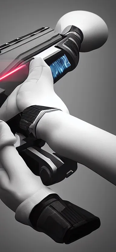 Image similar to “ hand in glove holding laser gun from the side, cinematic, digital art, unreal engine 5 render, award winning ”