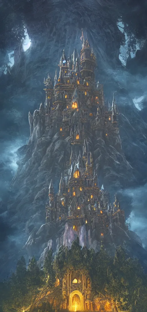 Prompt: An imposing and highly ornamented fantasy castle, Carved from Sapphire stone, Atmosphere, Dramatic lighting, Beautiful Landscape, Epic composition, Wide angle, by Miyazaki, Nausicaa, Ghibli, Breath of The Wild