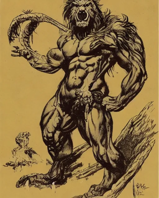 Image similar to a creature with the body and eyes of a man, with the beak of an eagle, the mane of a lion, and the horns of an ox. drawn by frank frazetta