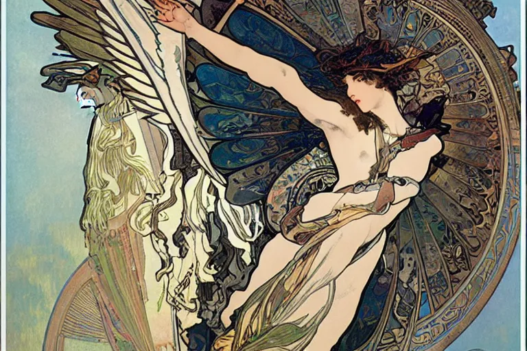 Image similar to A Nike Goddess of Victory with wings by Alphonse Mucha and Yoji Shinkawa in the syle of Art Noveau