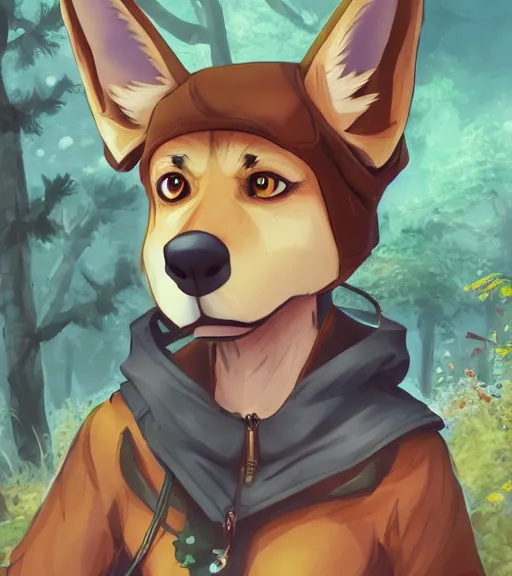 Prompt: close up character portrait icon of the anthro anthropomorphic very cute german shepard trader head animal person fursona wearing clothes standing in the bright forest, hidari, color page, tankoban, 4 k, tone mapping, akihiko yoshida