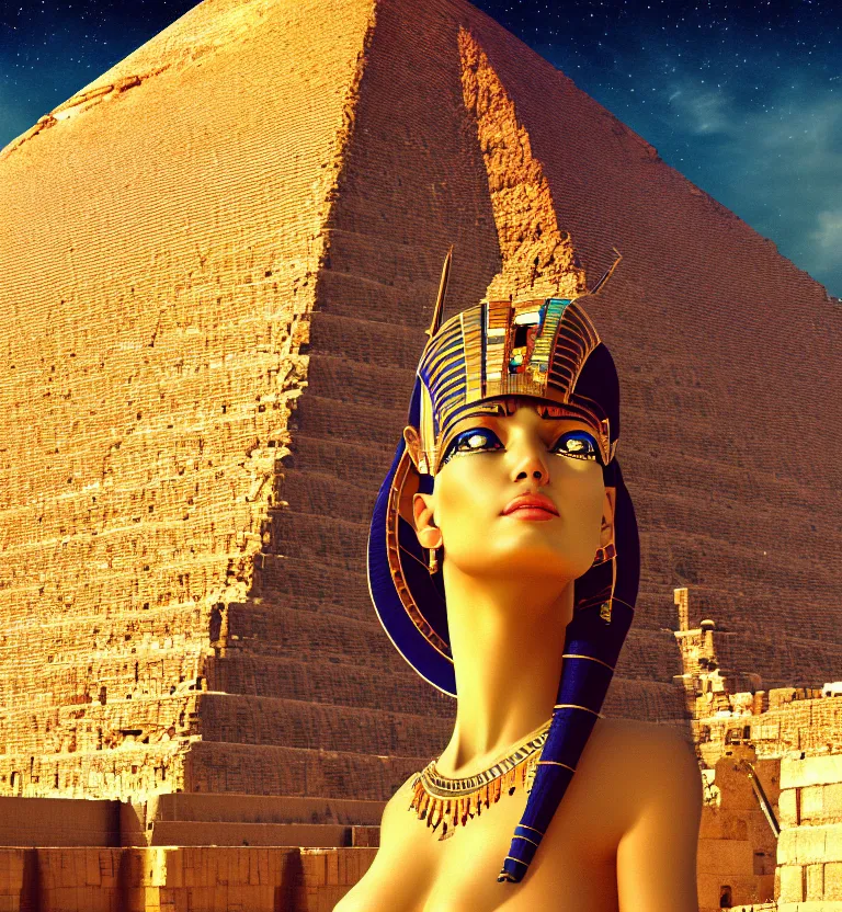 Prompt: a concept painting showing a giant cleopatra on the side of the great pyramid of giza. good quality, good light, anatomically correct, digital art, artstation 8 k