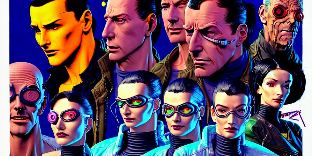 Image similar to cyberpunk heist crew. portrait by stonehouse and mœbius and will eisner and gil elvgren and pixar. character design. realistic proportions. dystopian. cyberpunk 2 0 7 7 character art, blade runner 2 0 4 9 concept art. cel shading. attractive face. thick lines. hi def 4 k. the team. detailed interesting characters. realistic faces.