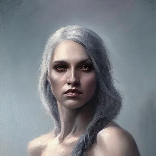 Image similar to painting of a beautiful grey haired girl with muscles, by tom bagshaw, greg rutkowski, wlop