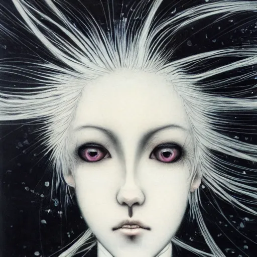 Image similar to Yoshitaka Amano realistic illustration of an anime girl with white hair and cracks on her face wearing dress suit with tie fluttering in the wind, abstract black and white patterns on the background, noisy film grain effect, highly detailed, Renaissance oil painting, weird portrait angle