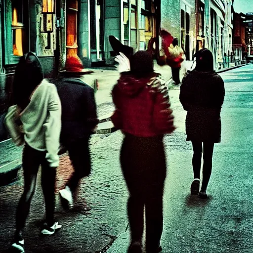 Image similar to men and women captured by evil walking the streets. footage of terrifying disfigured people roaming dark streets, very gory hyperrealistic vivid horror. photographed by dr seuss on instagram in full colour hd hdlr photography by national geographic