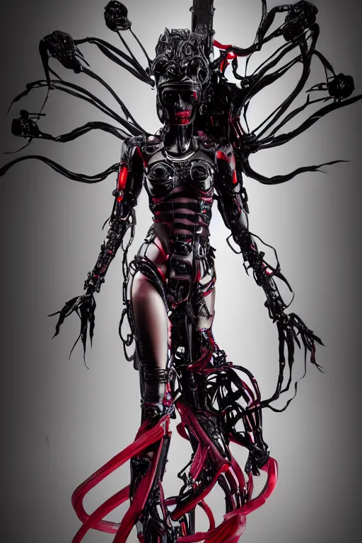 Image similar to full-body cyberpunk style sculpture of a young beautiful dark priestess, half android with a head opening exposing circuitry. glowing red eyes, black roses, flowing blood-red colored silk. fabric, candles. baroque elements. human skull. full-length view. baroque element. intricate artwork by Caravaggio. crows flying in background. Trending on artstation, octane render, cinematic lighting from the right, hyper realism, octane render, 8k, depth of field, 3D