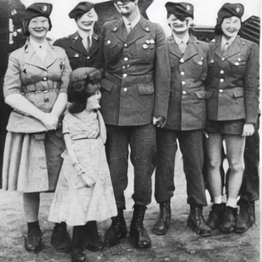 Prompt: a very cute anime girl with american soldiers during ww2