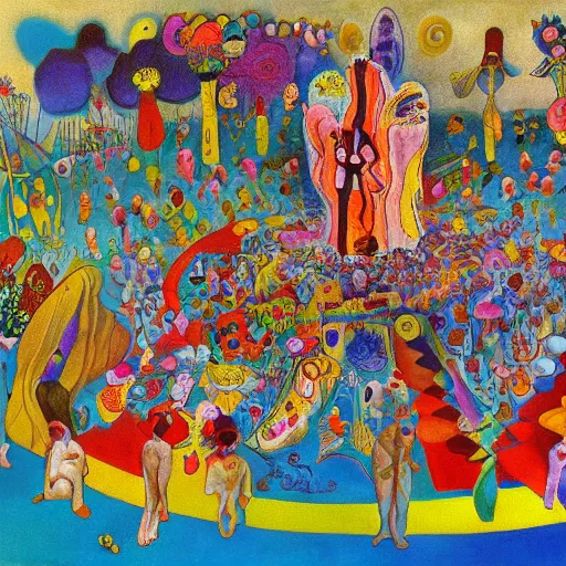 Prompt: a hd surrealism painting of a large crowd of cult worshippers surrounded by flowers by dali and kandinsky, ultra detailed, 8k