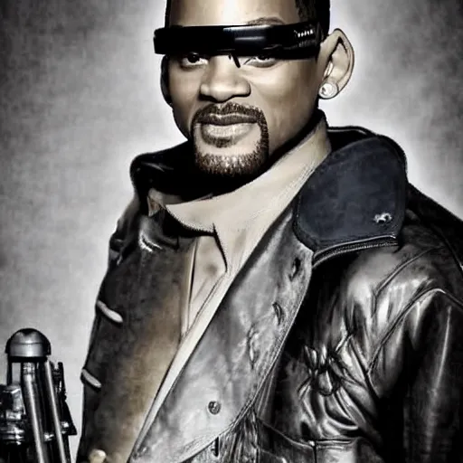 Prompt: will smith wearing big steampunk googles, colored photo by gustave baumann