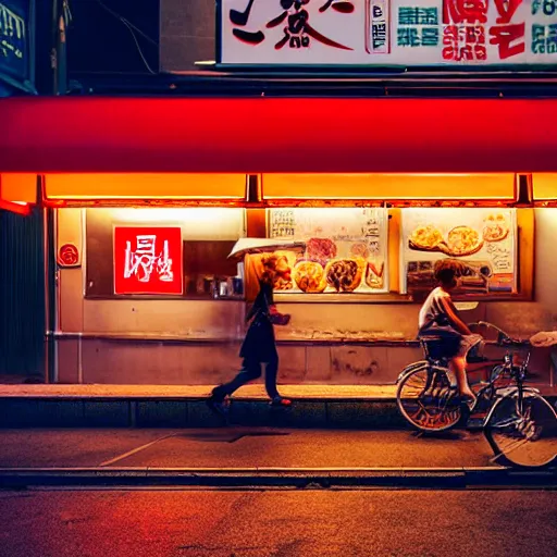 Prompt: a street ramen shop in japan, at night, cinematic dramatic lighting, light comes from billboards, moody atmosphere, very aesthetic, in the style of edward hopper, 4 k,