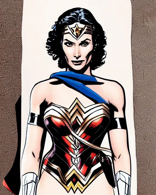Prompt: wonderwoman portrait with mix of gal Gadot and Linda Carter in frank Miller Alex Ross style detailed