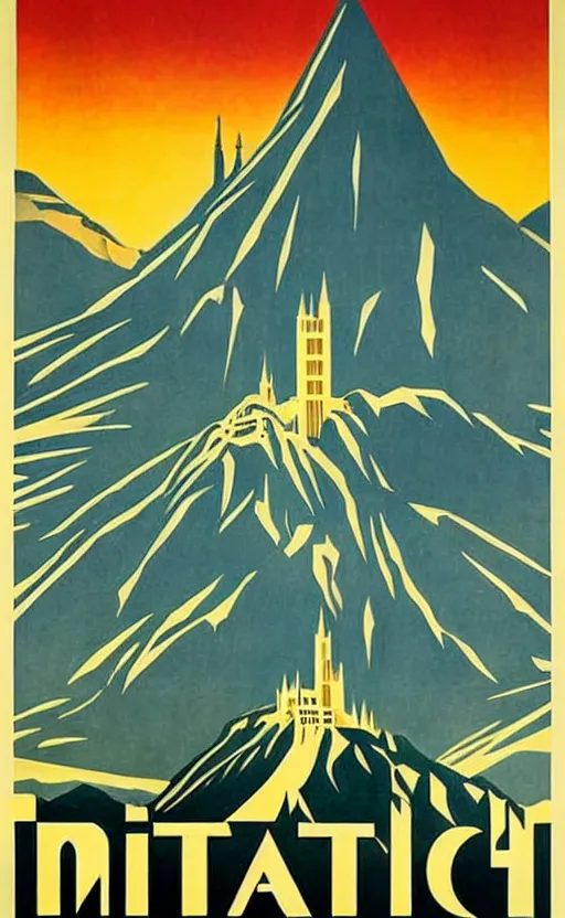 Image similar to art deco travel poster. visit minas tirith, lord of the rings