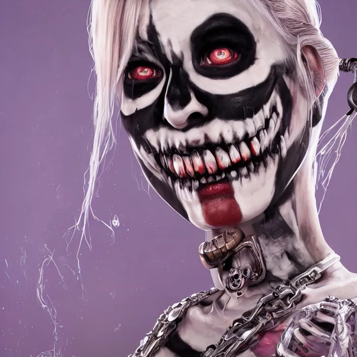 Image similar to portrait of Harley Quinn as a skeleton. intricate abstract. intricate artwork. nightmare fuel. by Tooth Wu, wlop, beeple, dan mumford. octane render, trending on artstation, greg rutkowski very coherent symmetrical artwork. cinematic, hyper realism, high detail, octane render, 8k, iridescent accents