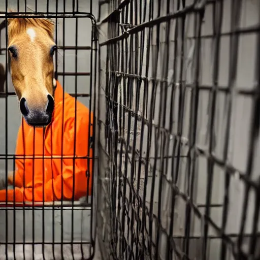 Prompt: horse wearing orange inmate clothes, in a jail