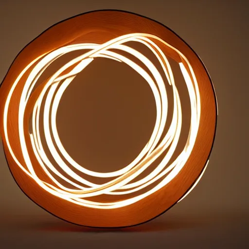 Prompt: circle shaped sculpture, curves, wood, lights