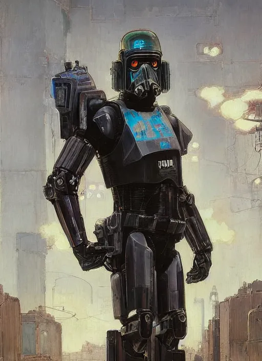 Prompt: Eliezer Nash. Menacing Cyberpunk police trooper wearing a combat vest and towering with robotic legs. (dystopian, police state, Cyberpunk 2077, bladerunner 2049). Iranian orientalist portrait by john william waterhouse and Edwin Longsden Long and Theodore Ralli and Nasreddine Dinet, oil on canvas. Cinematic, vivid colors, hyper realism, realistic proportions, dramatic lighting, high detail 4k