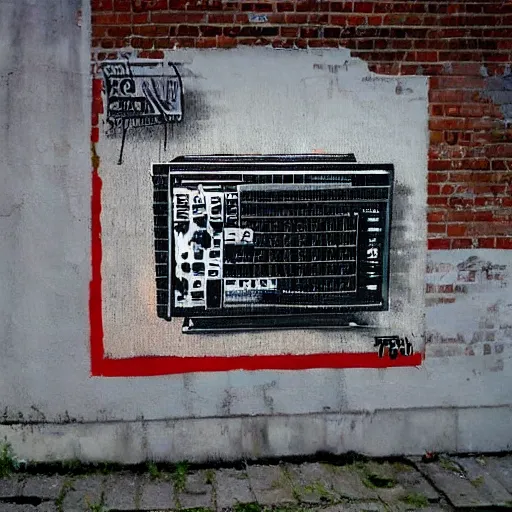 Prompt: Street-art painting of a TB303 in style of Banksy, photorealism