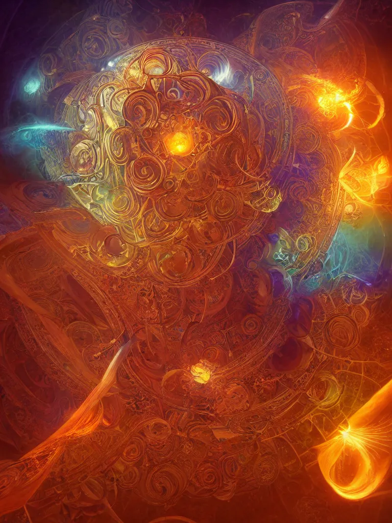 Prompt: a detailed depiction of the chakra energy fields spiraling fractal sacred geometry surrounding a beautiful goddesses, by justin gerard and craig mullins, 3 d, cinema 4 d render, trending on artstation, 8 k