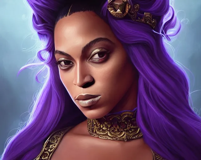 Image similar to a mind - blowing portrait of beyonce as a wizard, purple hair, bat familiar, deep focus, d & d, fantasy, intricate, elegant, highly detailed, digital painting, artstation, concept art, matte, sharp, illustration, hearthstone, art by artgerm and greg rutkowski and alphonse mucha