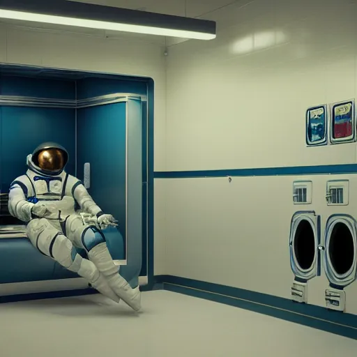 Image similar to a beautiful photo of an astronaut waiting in a laundromat, 1970', soft light, morning light, photorealistic, realistic, octane, 8k, cinematic shot