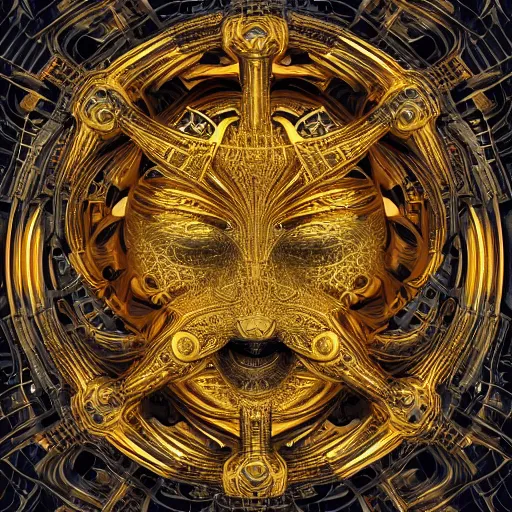 Image similar to a beautiful symmetrical being made of golden ornaments by android jones, 3D, 8k resolution